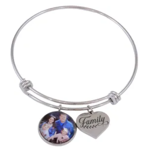 Adjustable Bangle with Custom Engraved Heart Charm & Photo Charm