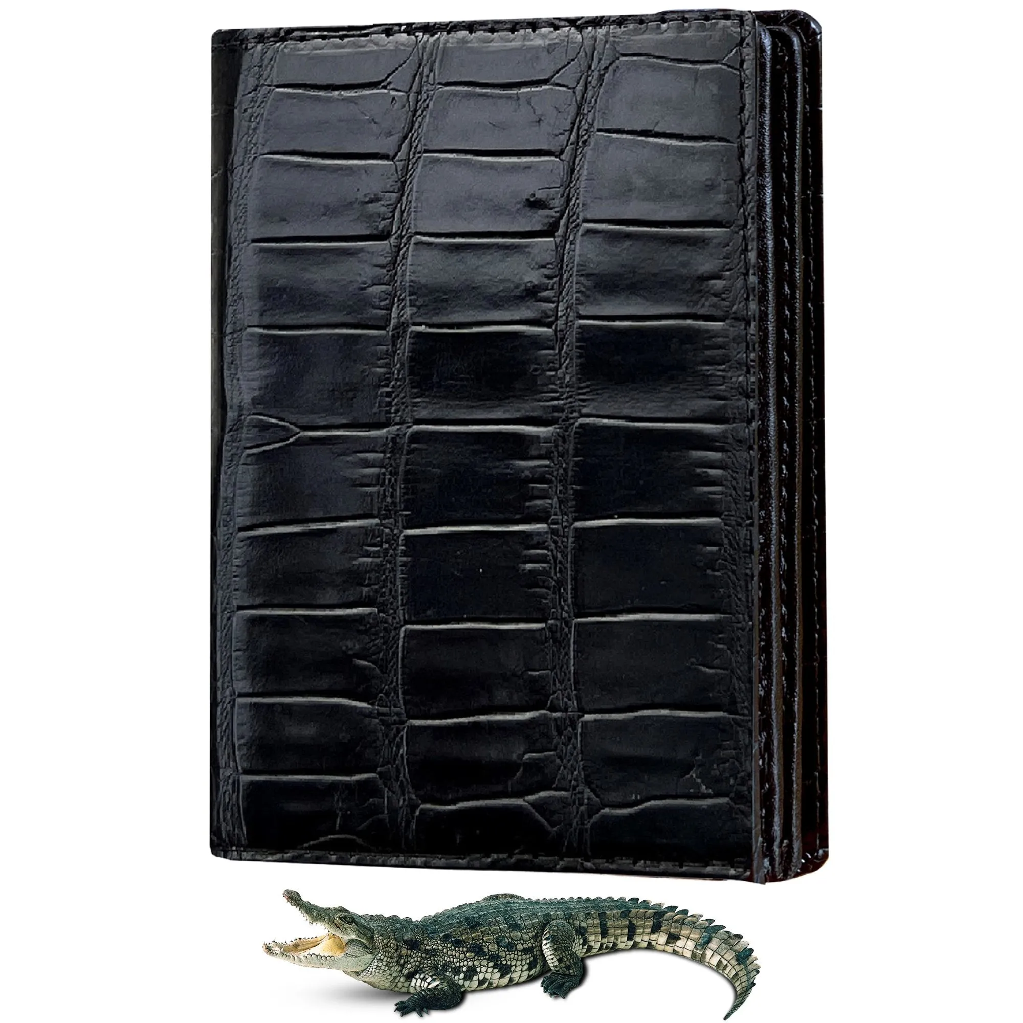 Black Alligator Leather Vertical Bifold Wallet Large Capacity | DUN1