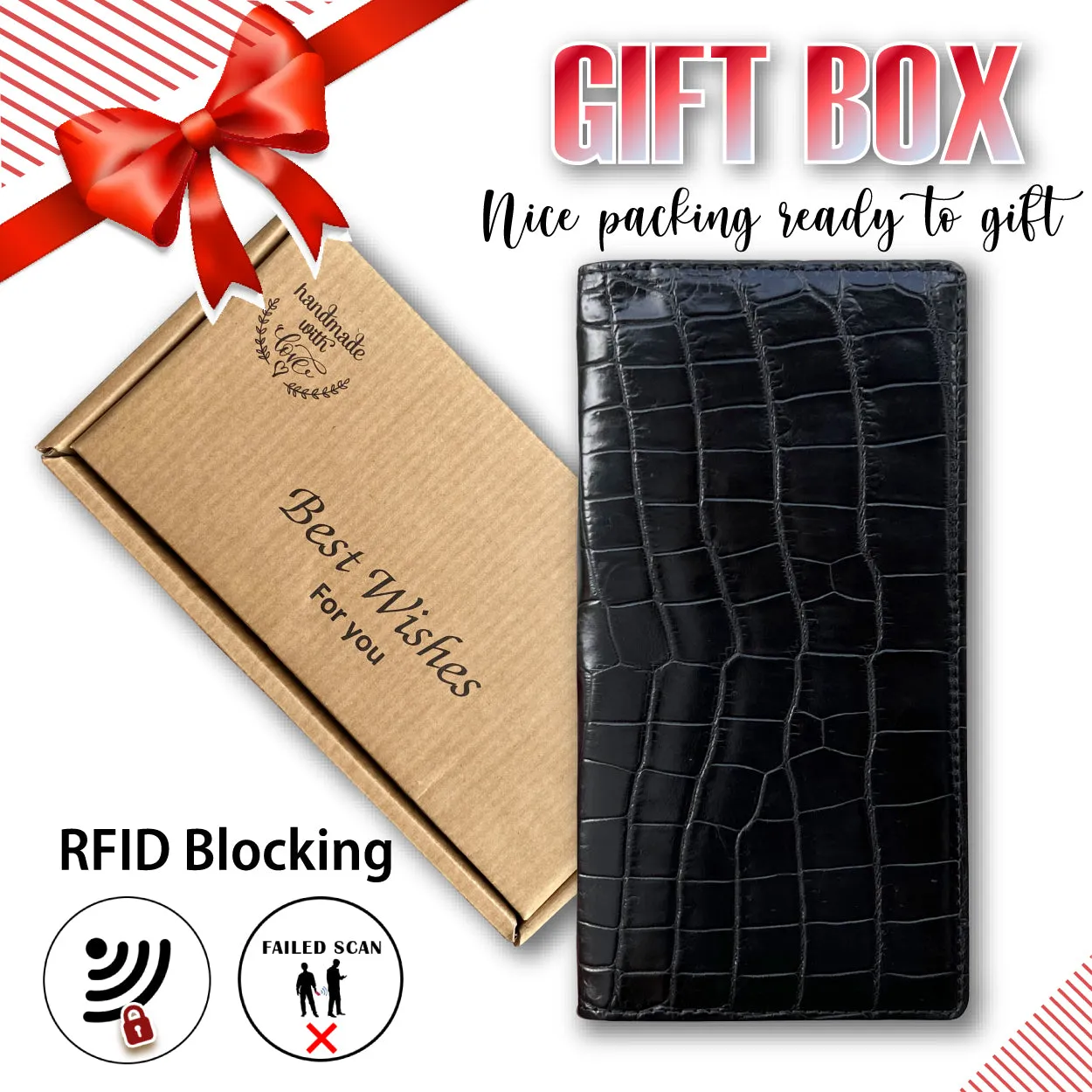 Black Alligator Long Wallet | Handmade Crocodile Leather Checkbook RFID Blocking | LON11