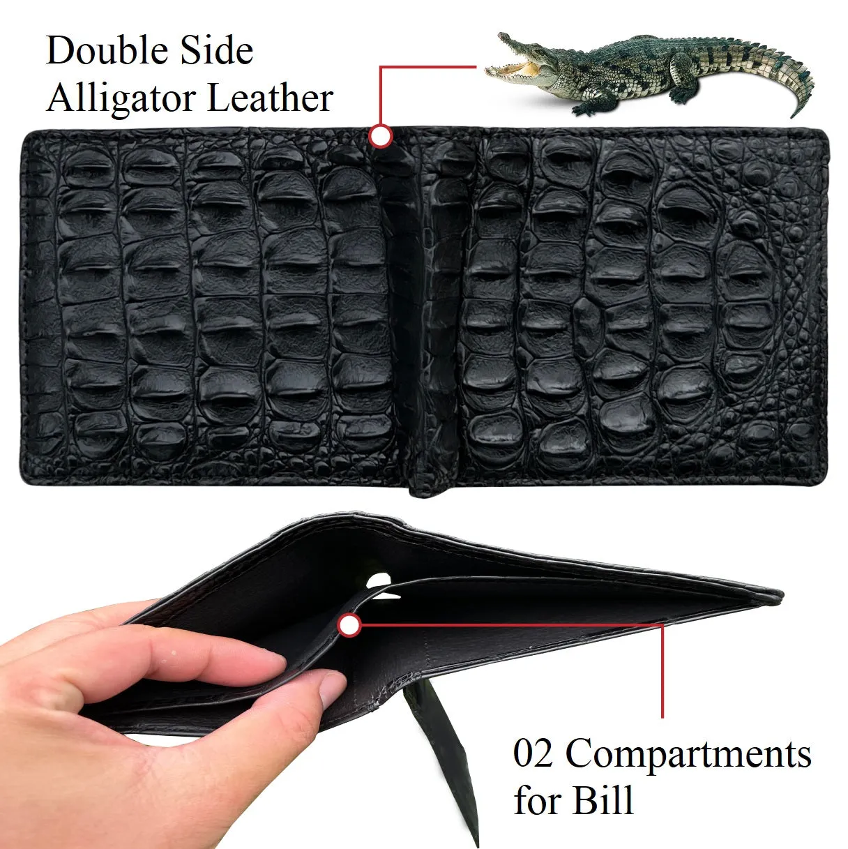 Premium Black Double-Sided Alligator Skin Bifold Wallet for Men with RFID Blocking | VINAM-98