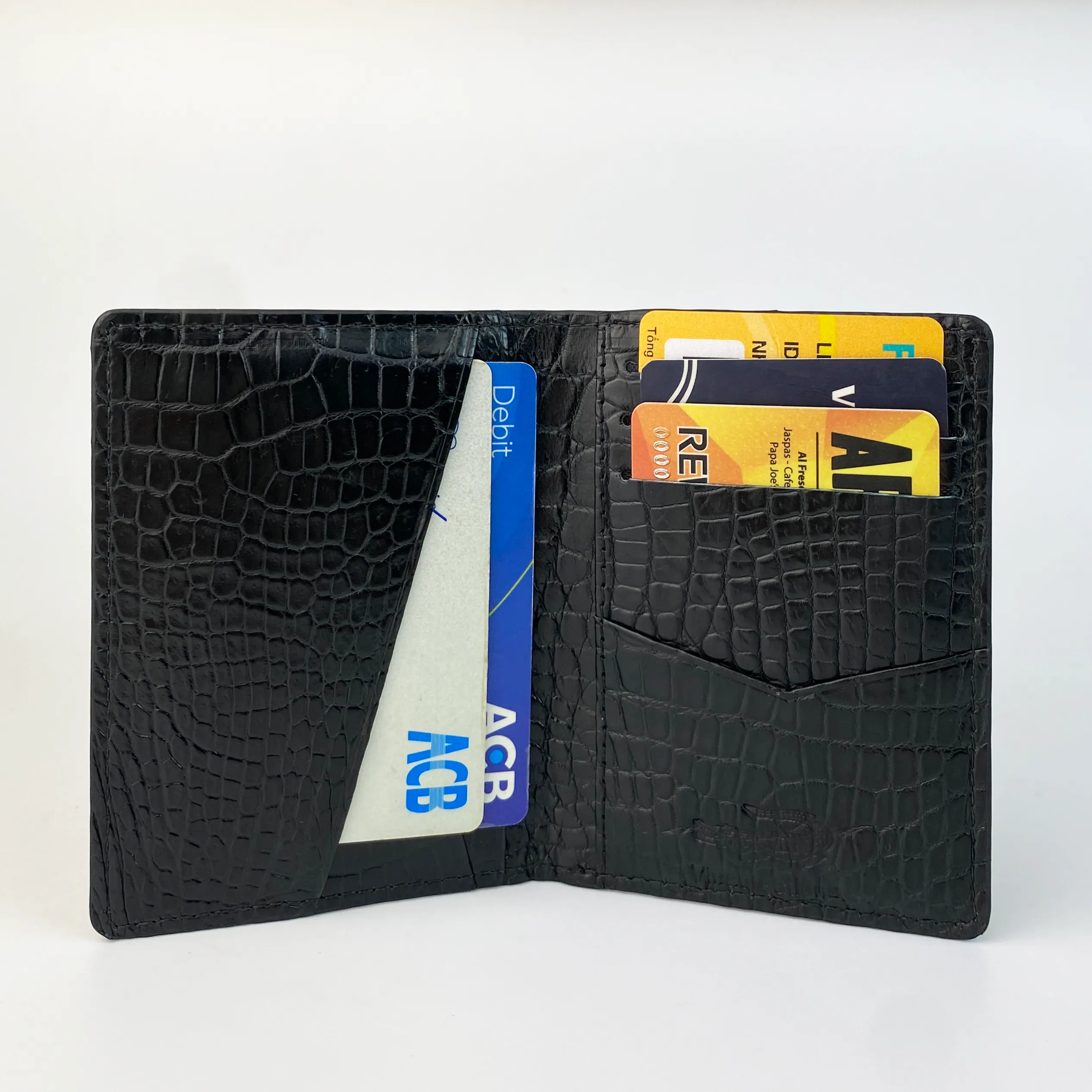 Black Slim Alligator Leather Credit Card Holder Double Side Crocodile Skin RFID Blocking | VINAM-84