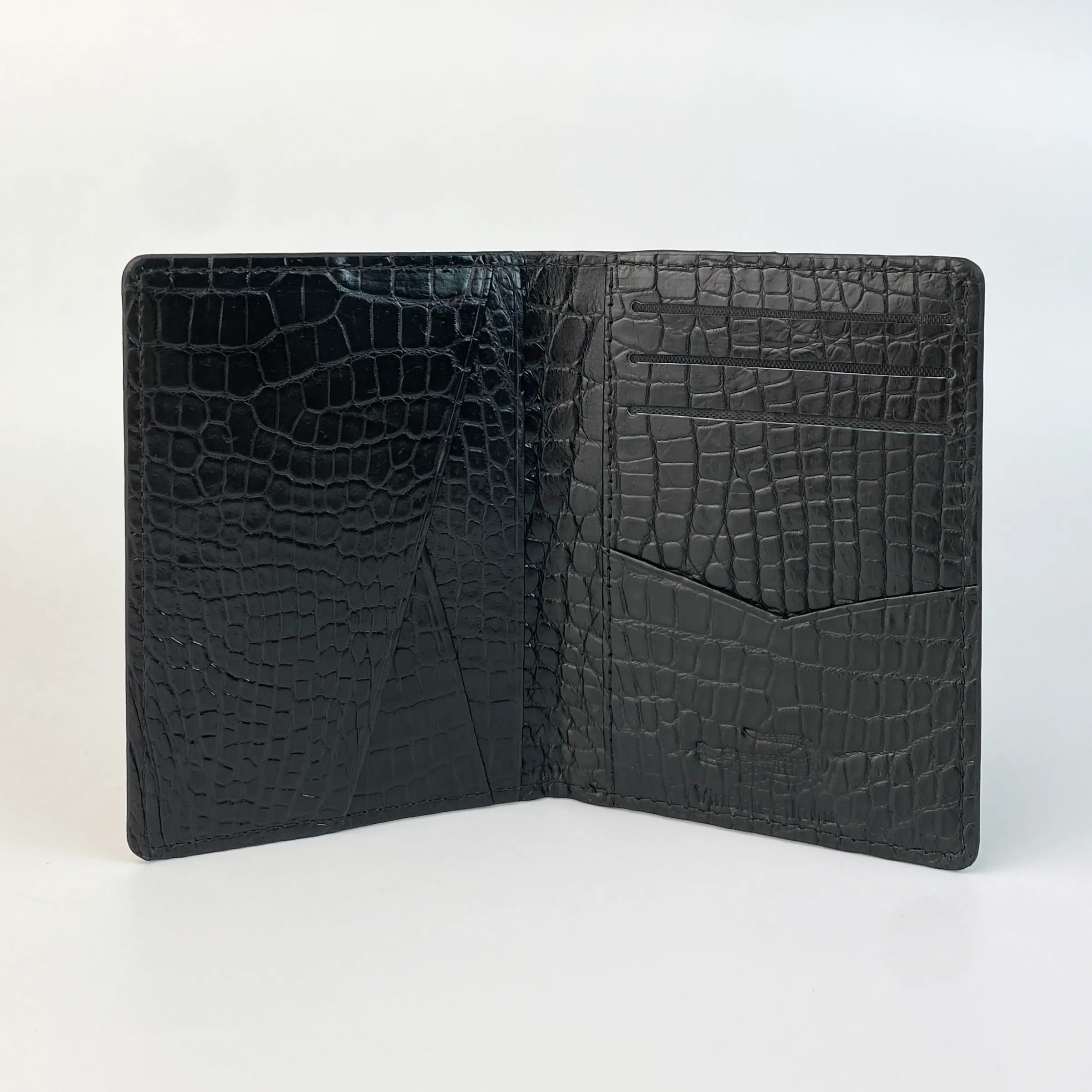 Black Slim Alligator Leather Credit Card Holder Double Side Crocodile Skin RFID Blocking | VINAM-84