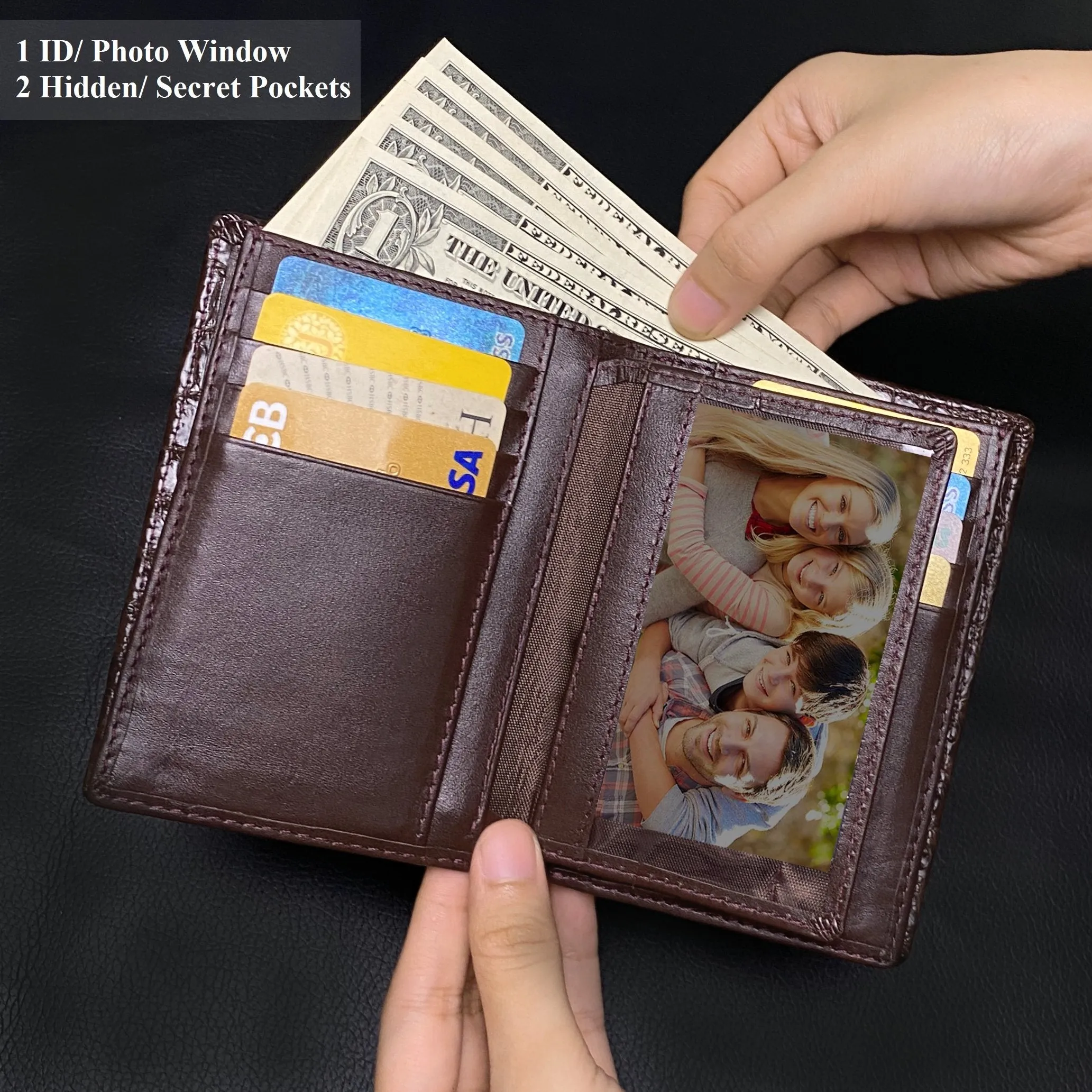 Brown Alligator Leather Vertical Bifold Wallet Large Capacity | DUN33