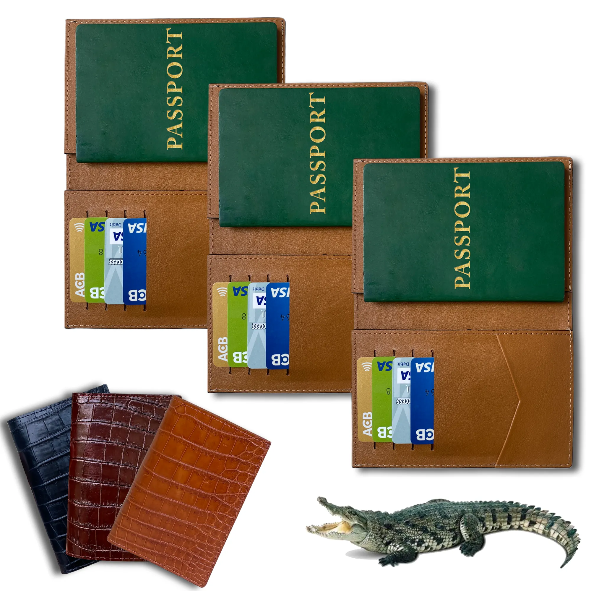 Brown Slim Alligator Leather Passport Holder Cover