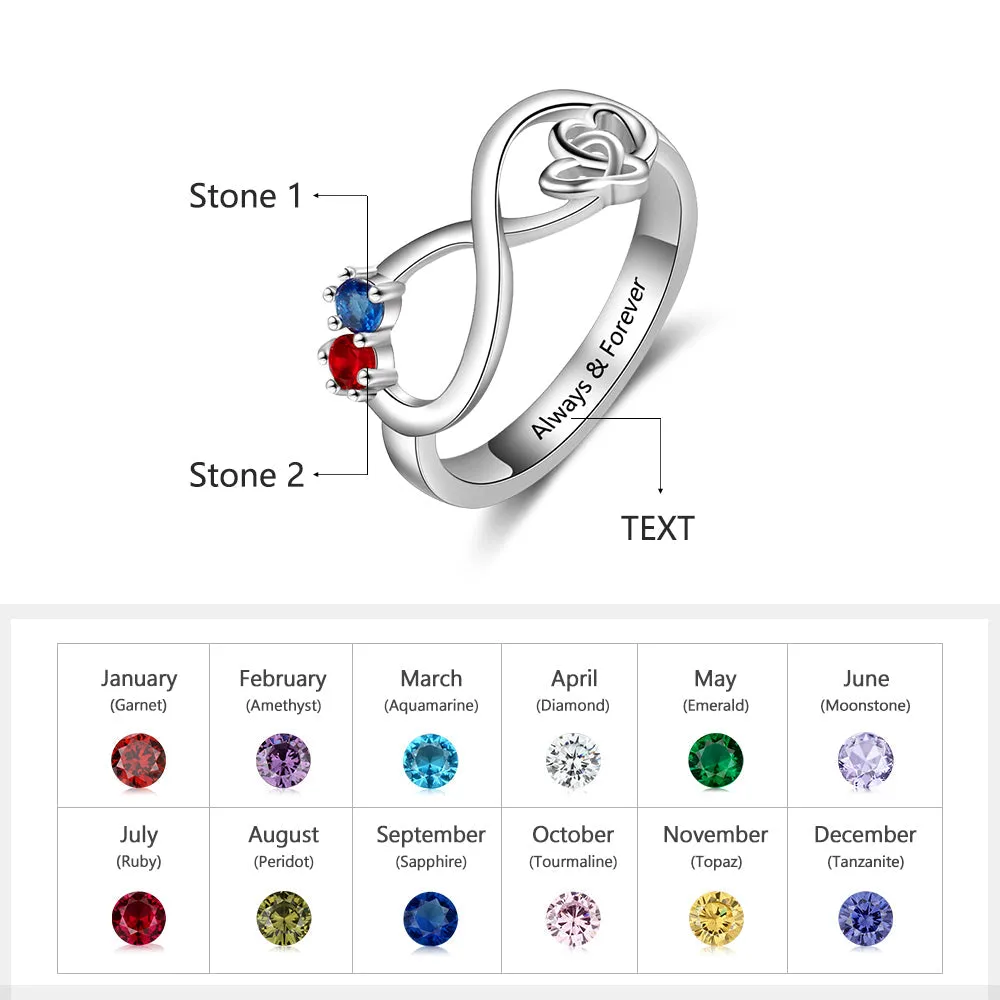 Custom 2 Stone Infinity Mother's Ring or Personalized Couples Ring With Engraving