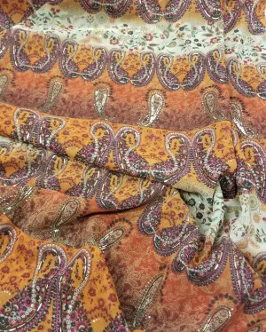 Designer Deadstock Gold Printed Orange Bohemian Paisley Sheer Woven-by the yard