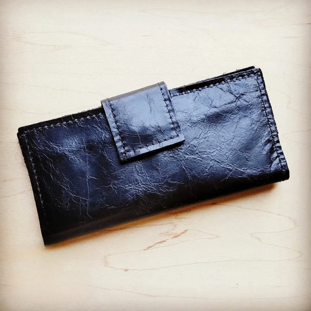 Distressed Black Leather Wallet w/ Snap