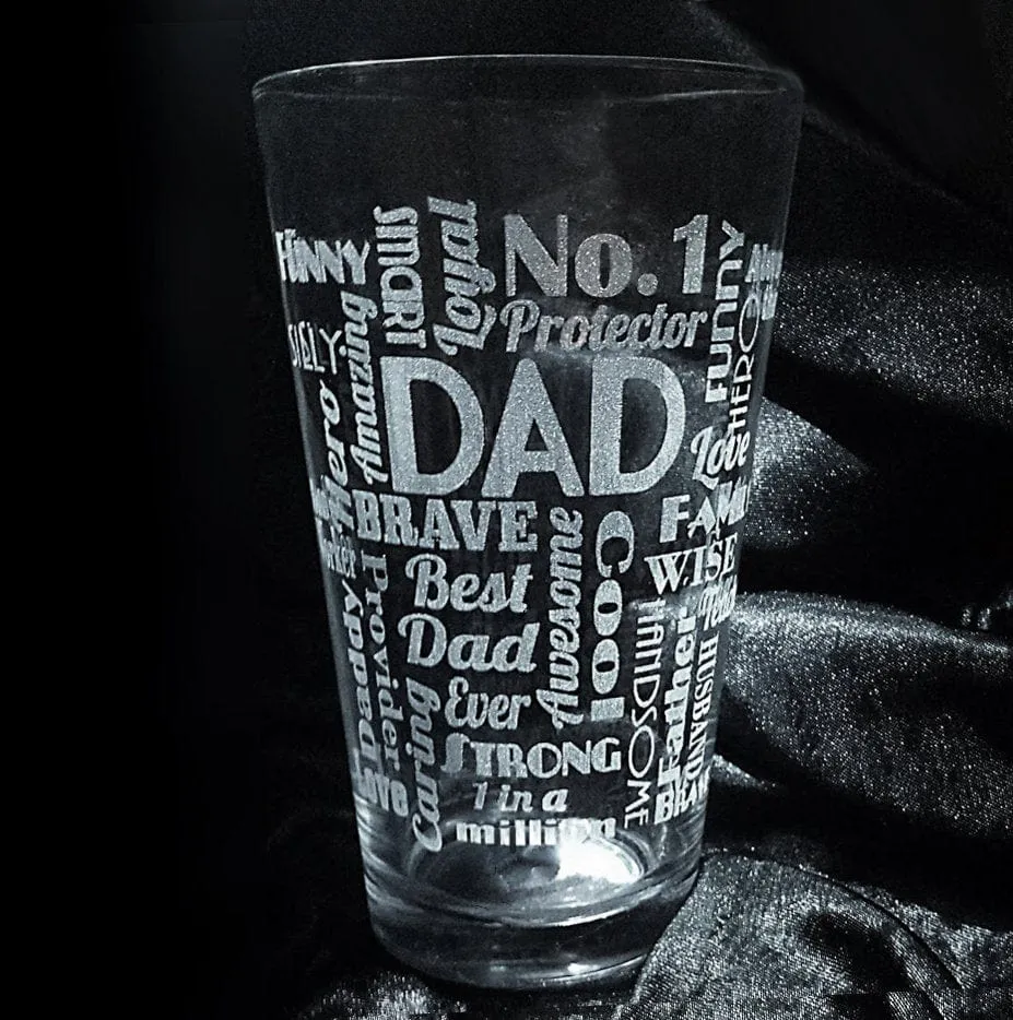 Fathers day gifts for Daddy, Dad Word Art Pub Glass Set with Wallet Card Beer Opener PERMANENT Laser Engraved Husband New Best Dad Men Gift