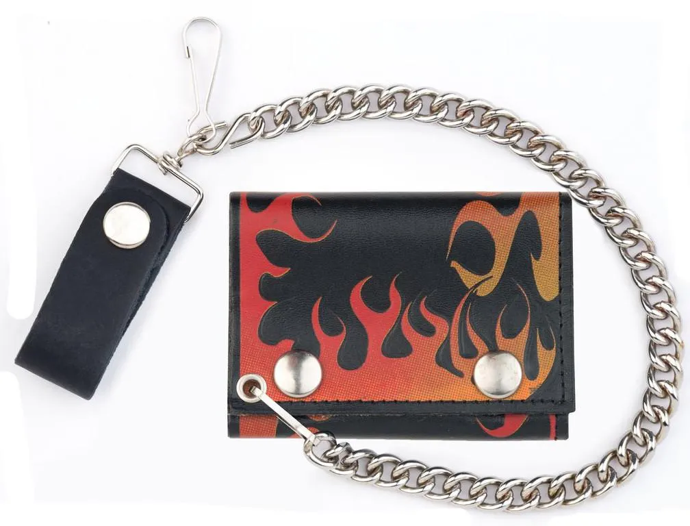 FIRE FLAMES TRIFOLD LEATHER WALLETS WITH CHAIN