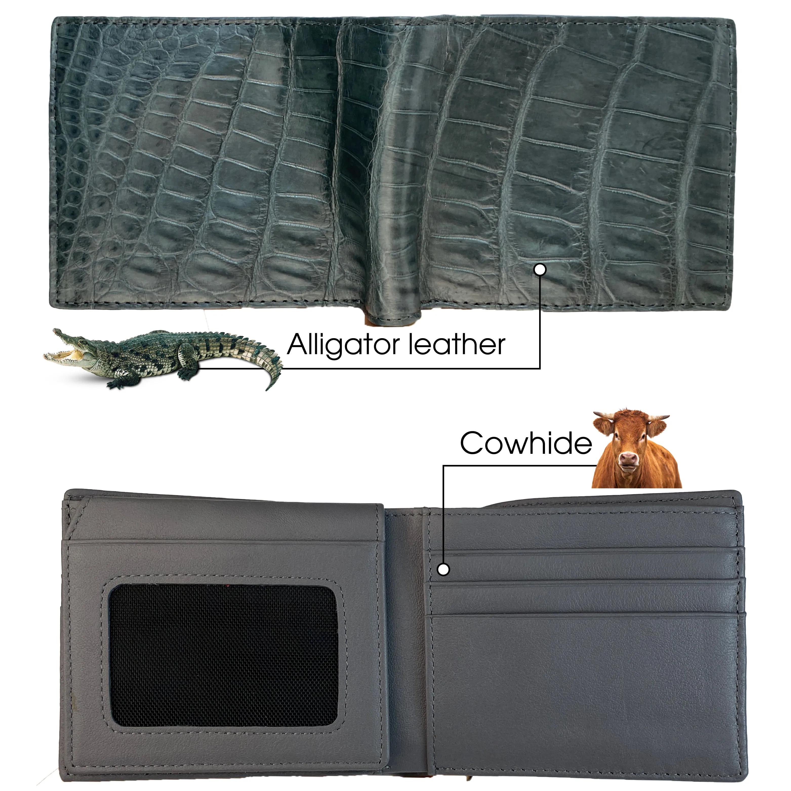 Grey Alligator Belly Leather Bifold Wallet for Men RFID Blocking | VINAM-48