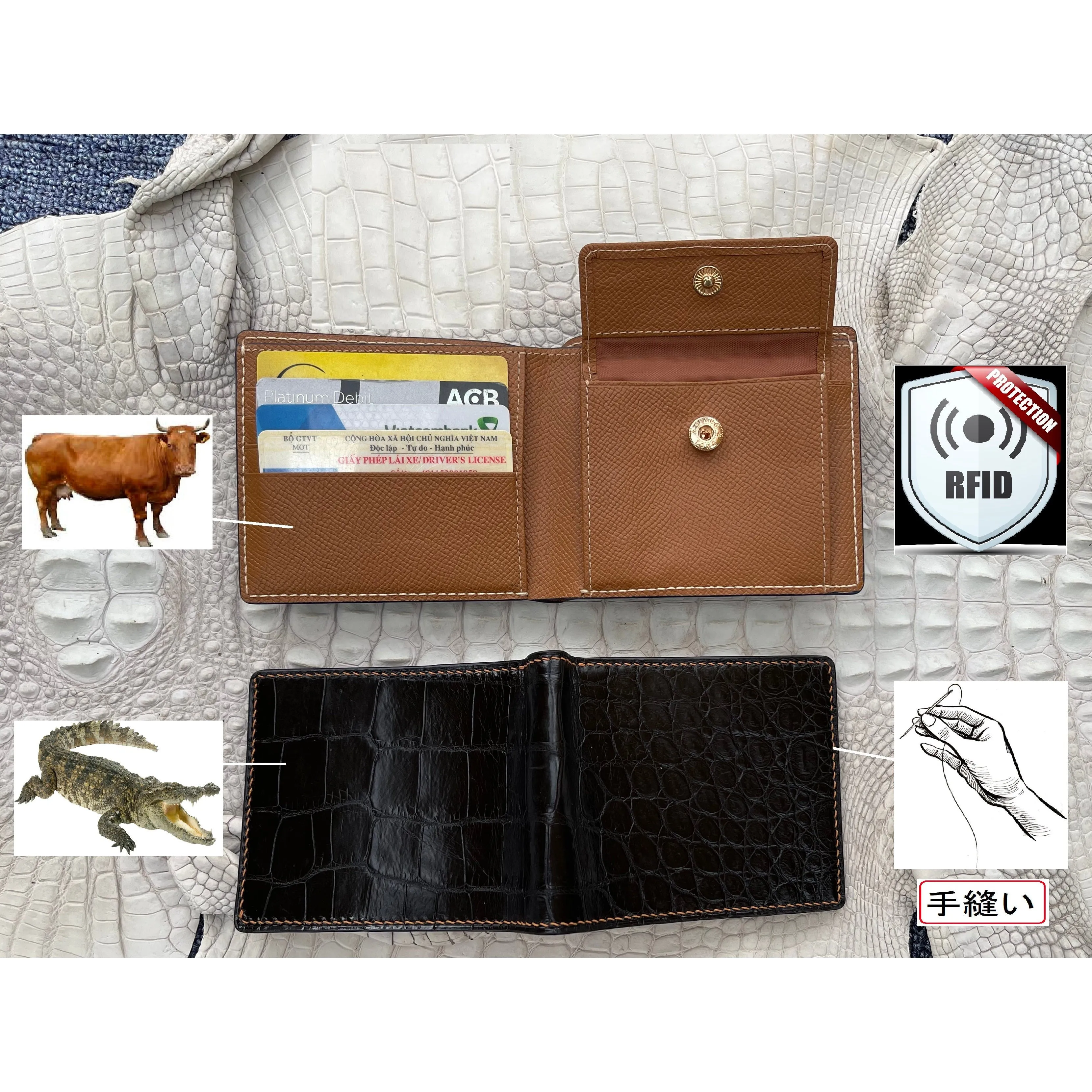 Hand-stitched Black Alligator Leather Bifold Wallet | RFID Blocking | Coin Pocket | VINAM-94