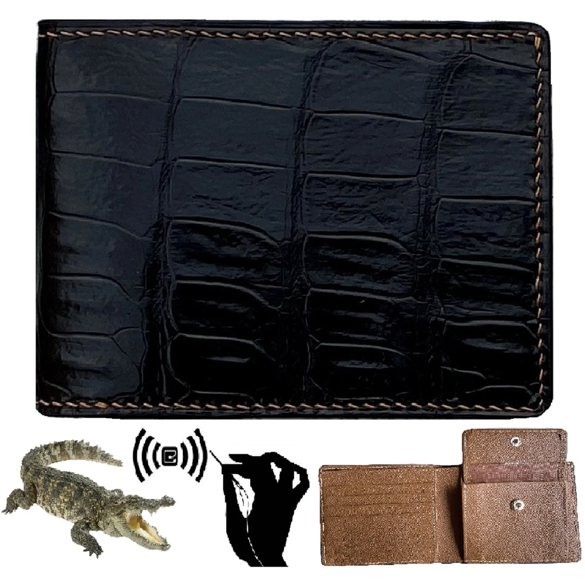 Hand-stitched Black Alligator Leather Bifold Wallet | RFID Blocking | Coin Pocket | VINAM-94