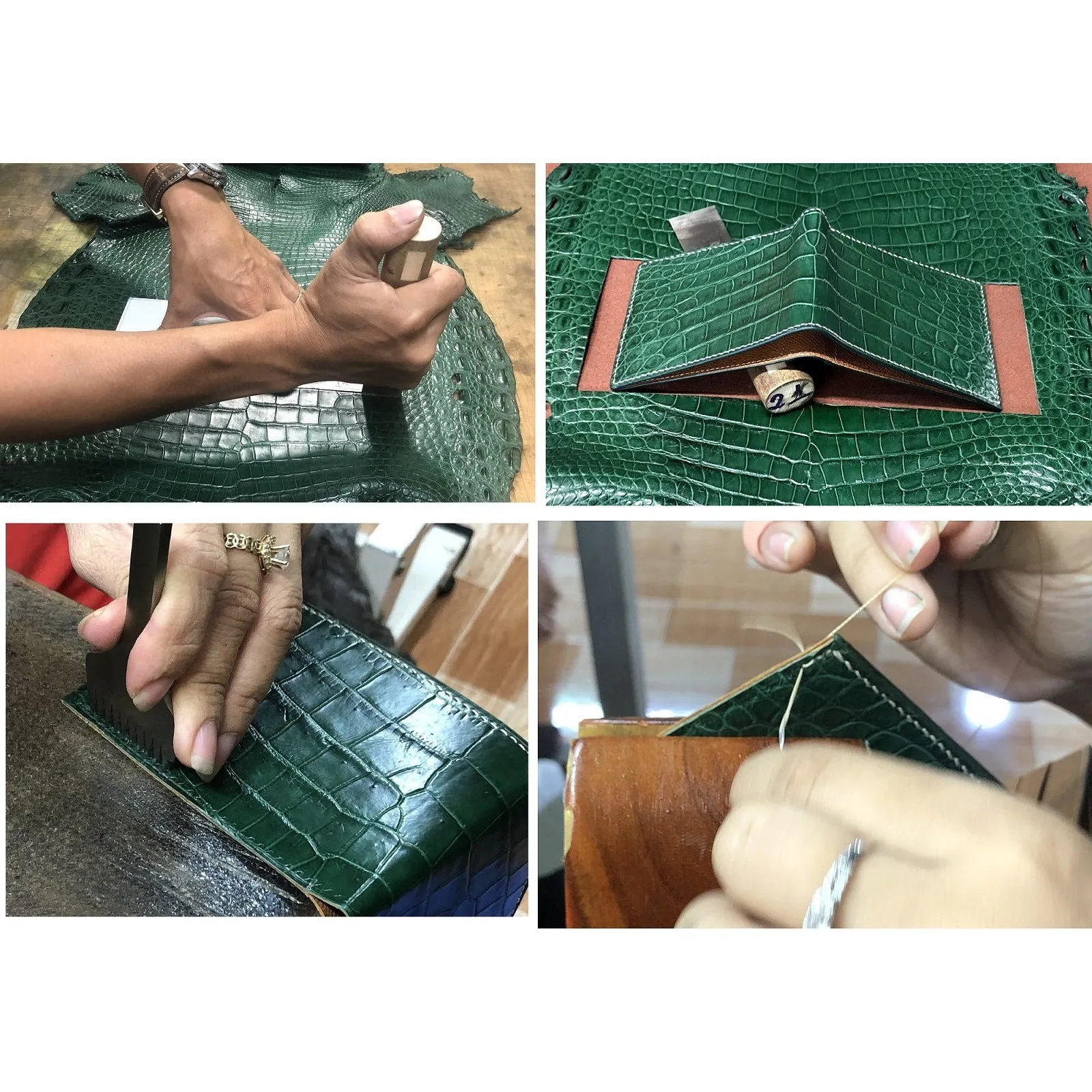 Hand Stitching Green Alligator Bifold Wallet with Coin Pocket | Slim Leather Wallet RFID Blocking | VINAM-91