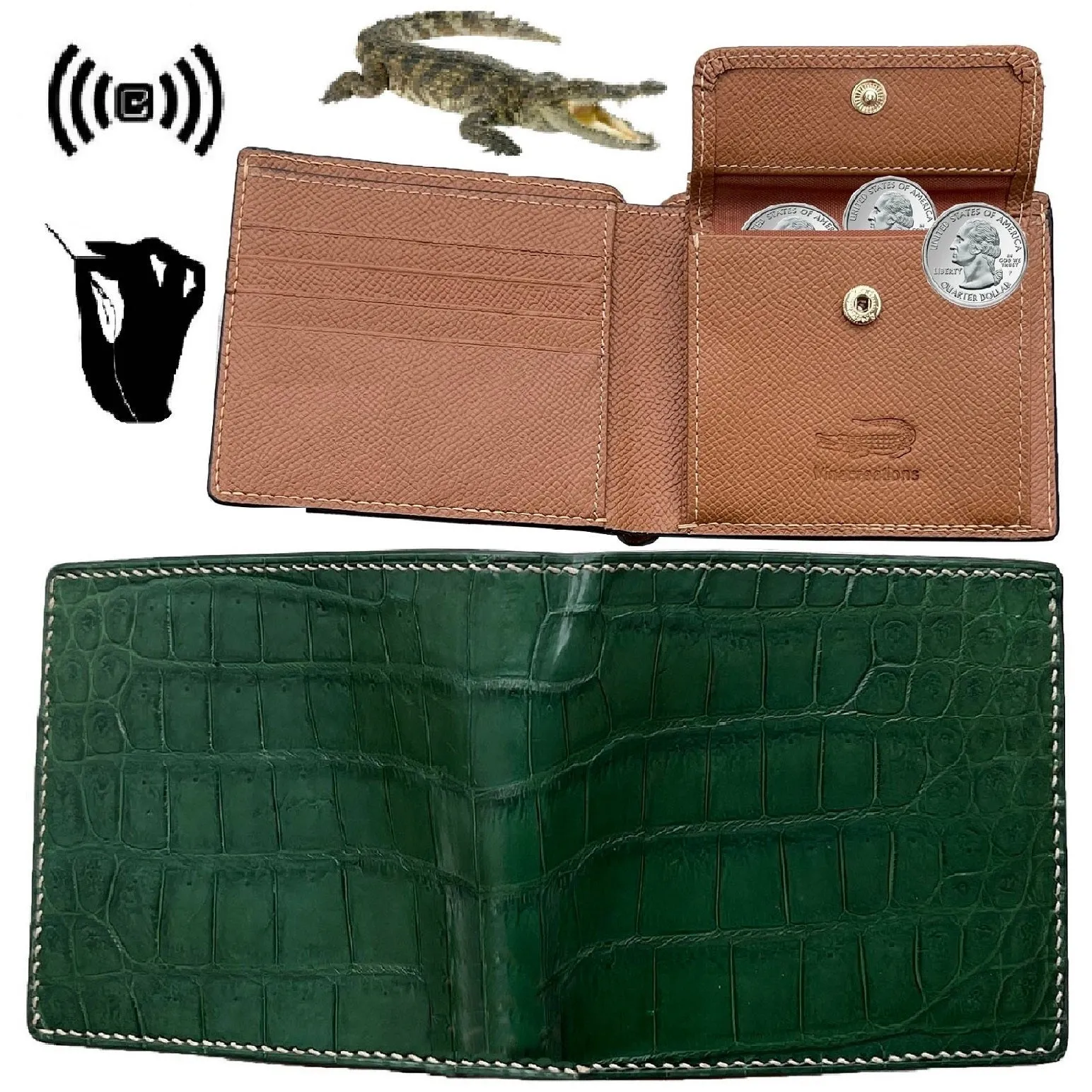 Hand Stitching Green Alligator Bifold Wallet with Coin Pocket | Slim Leather Wallet RFID Blocking | VINAM-91