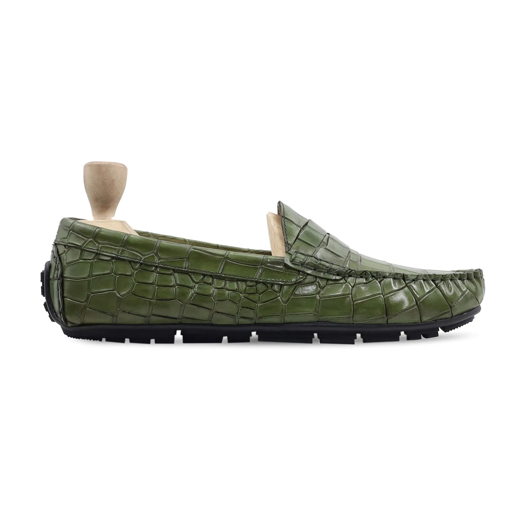 Kobe - Men's Green Crocodile Printed Calf Leather Driver Shoe