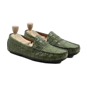 Kobe - Men's Green Crocodile Printed Calf Leather Driver Shoe