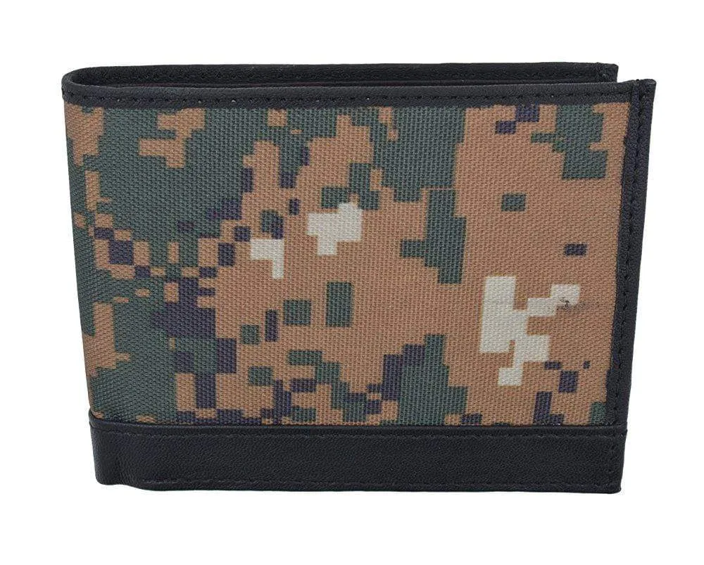 Men's RFID Blocking Premium Leather Camouflage Bifold Wallet With Fixed Flip Up ID Window Camo Military Design