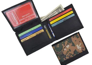 Men's RFID Blocking Premium Leather Camouflage Bifold Wallet With Fixed Flip Up ID Window Camo Military Design