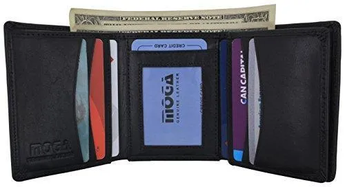 Moga Trifold Genuine Leather Credit Card Holder Wallet for Men with Double ID Window (1, Black)