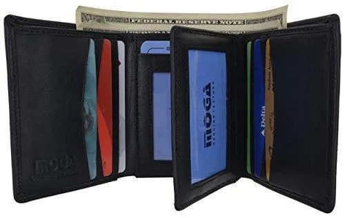 Moga Trifold Genuine Leather Credit Card Holder Wallet for Men with Double ID Window (1, Black)