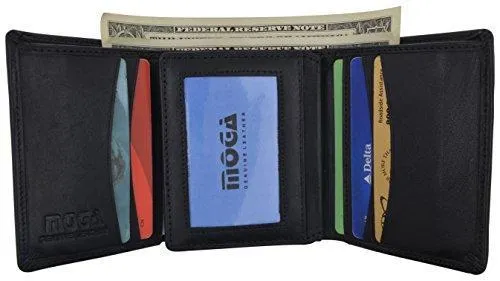 Moga Trifold Genuine Leather Credit Card Holder Wallet for Men with Double ID Window (1, Black)