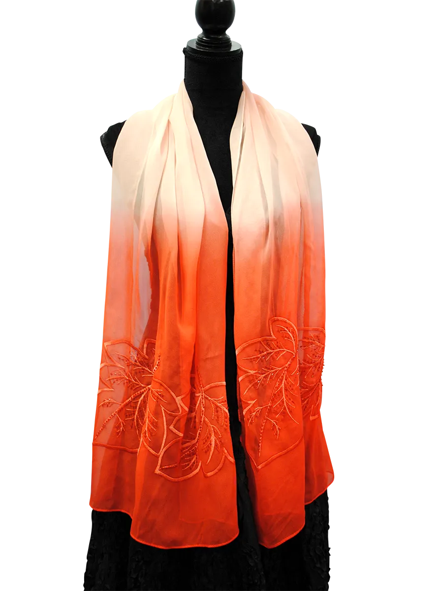 OMBRE LEAVES Embroidered Designer 100% Silk Long Scarf in Red White