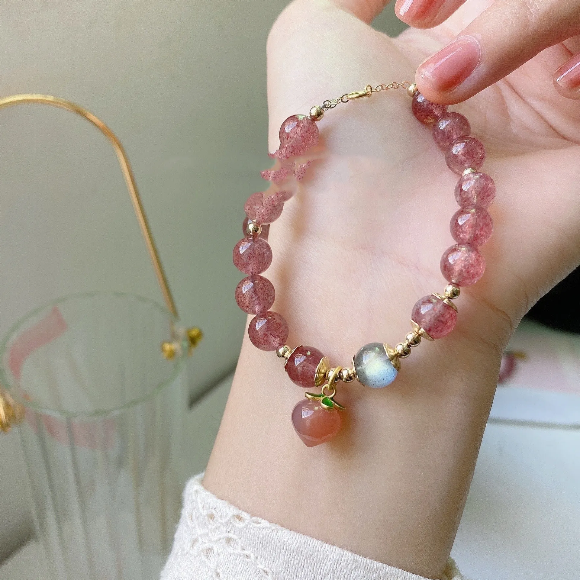 Peach Pendant Strawberry Crystal Moonstone Bracelet