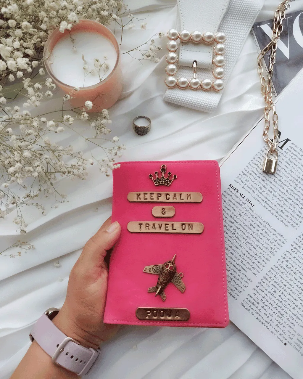 Personalised Hot Pink Velvet Passport Cover