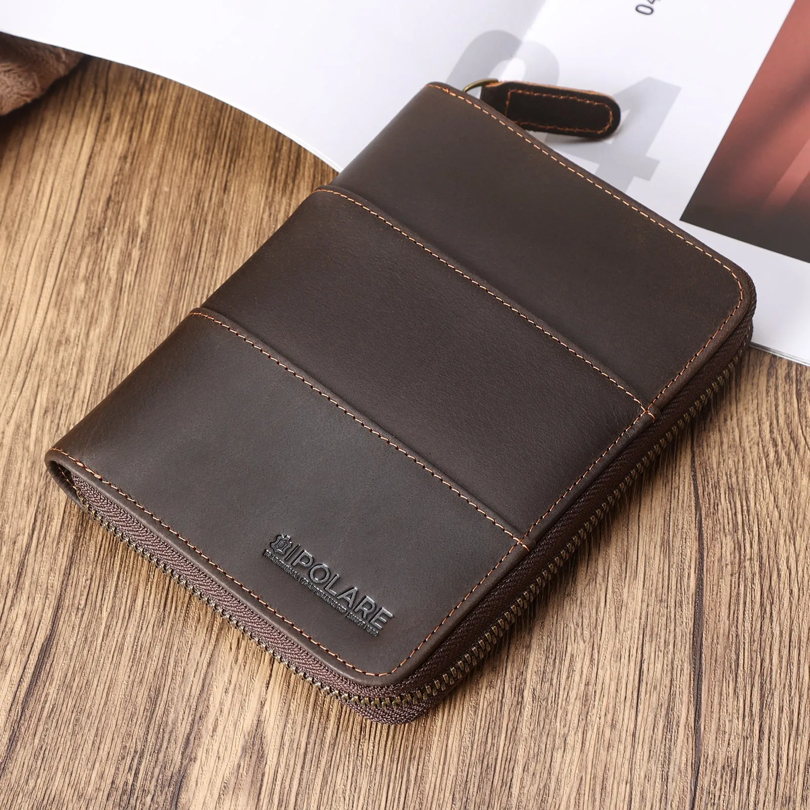 Polare Full Grain Leather Travel Passport Wallet with YKK Zipper and RFID Blocking Document Organizer Holder 2 Passports (Cocoa Brown/Dark Brown)