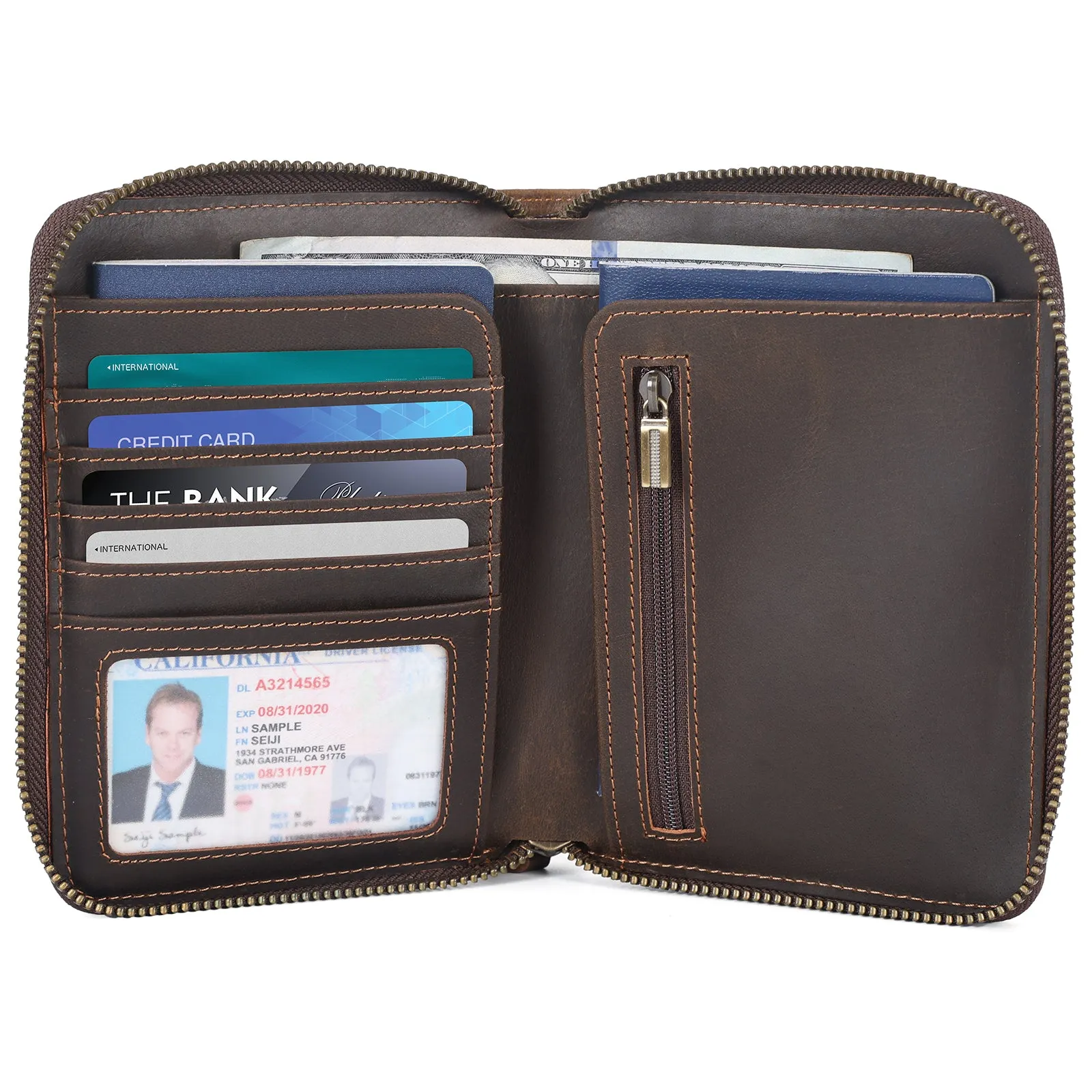 Polare Full Grain Leather Travel Passport Wallet with YKK Zipper and RFID Blocking Document Organizer Holder 2 Passports (Cocoa Brown/Dark Brown)