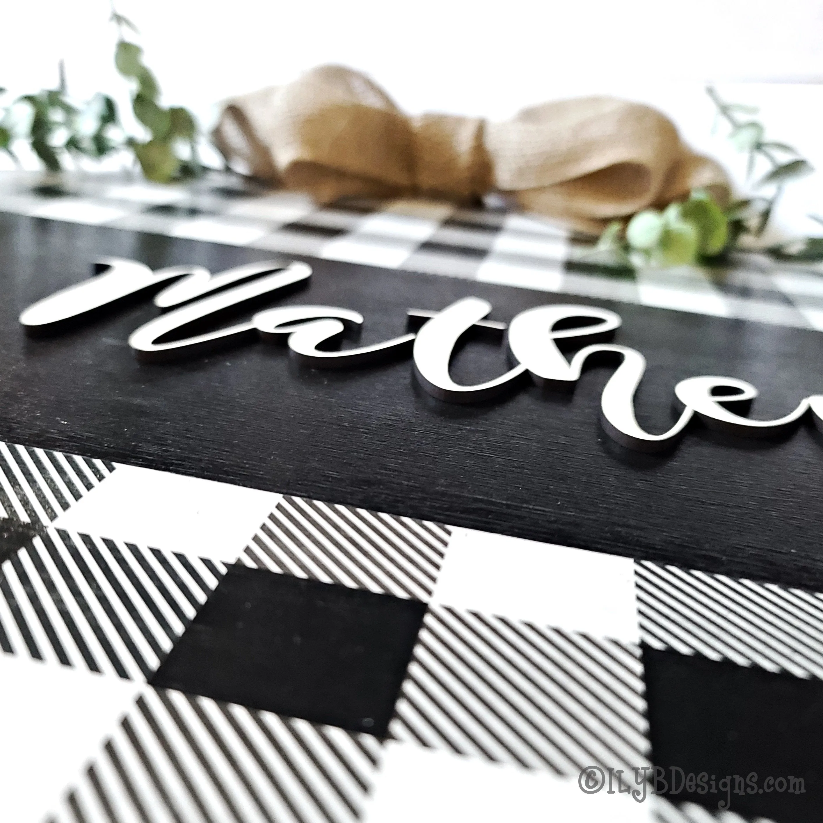 Round Family Name Door Hanger | Black Buffalo Plaid Sign