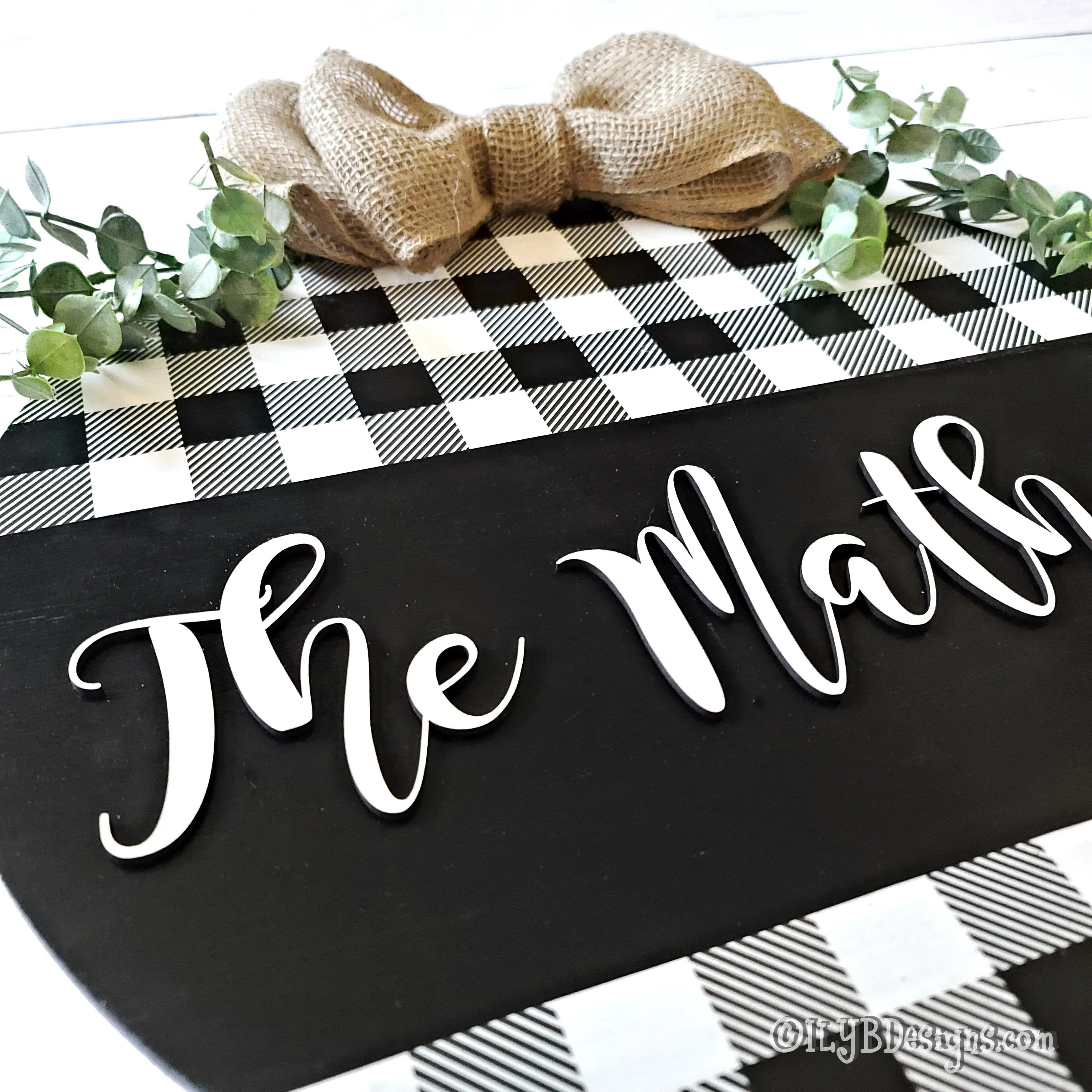 Round Family Name Door Hanger | Black Buffalo Plaid Sign