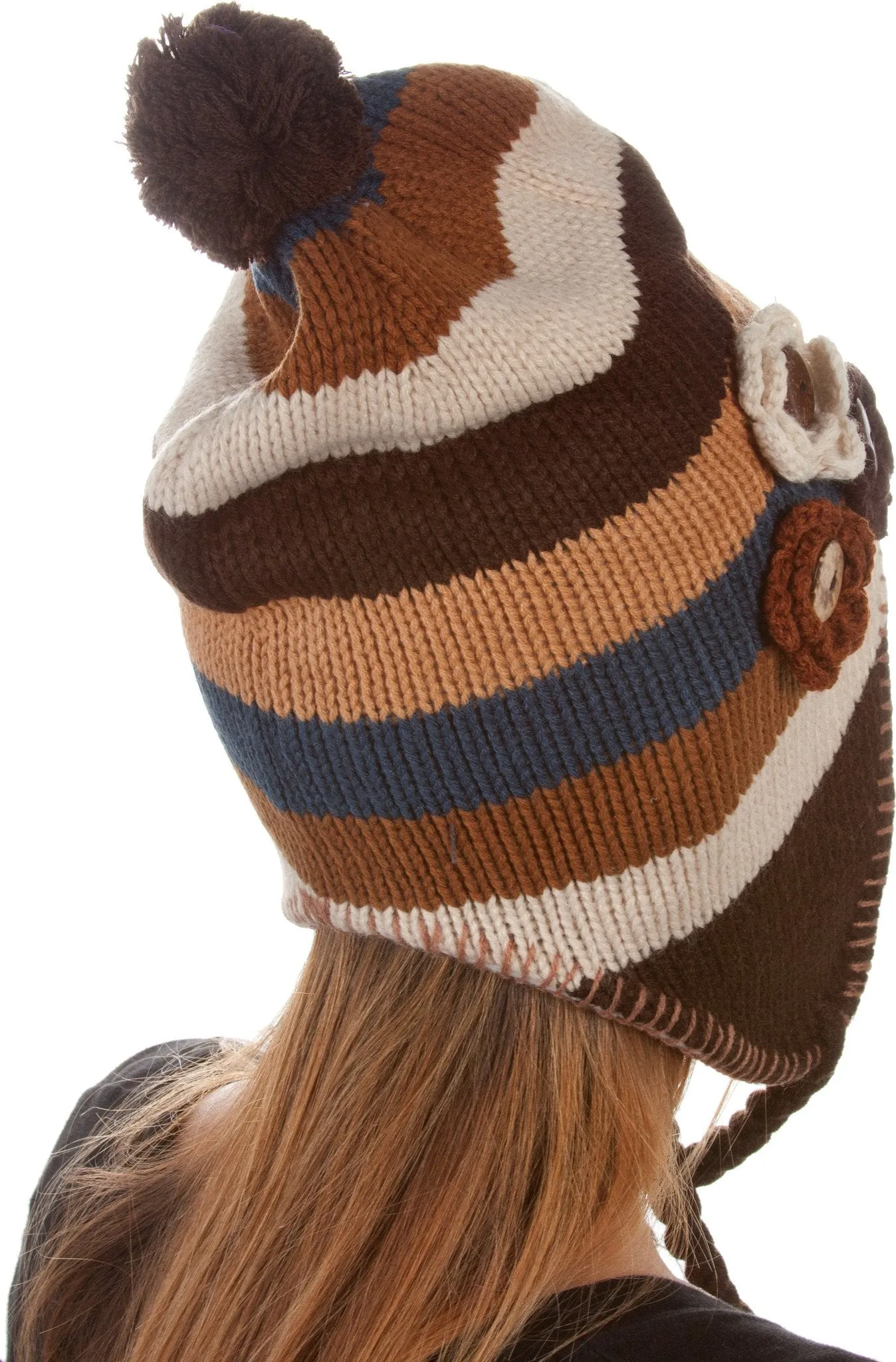 Sakkas Crochet Flower Multi-Color Stripe Fully Lined Earflap Hat