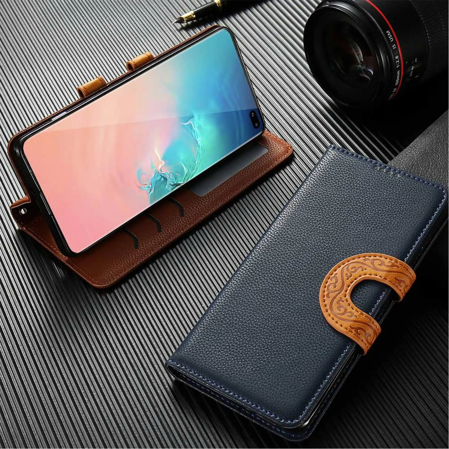 Samsung Galaxy S10  Case - Leather, Card Slots, Tribal Strap