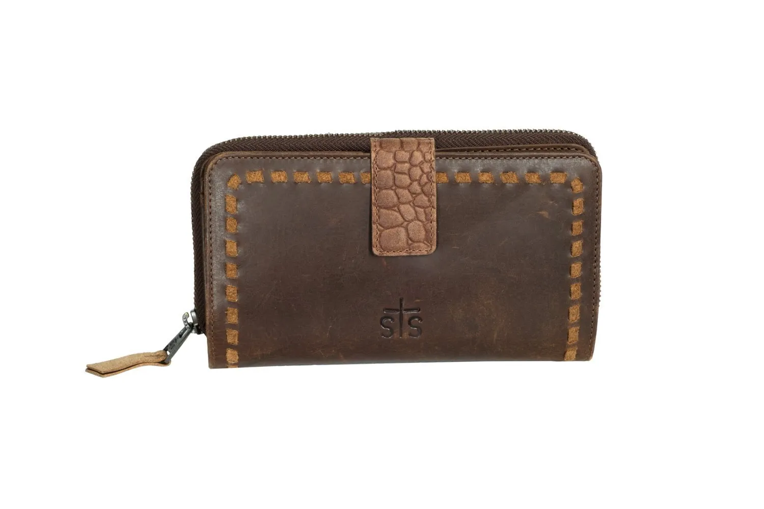 STS Ranchwear Womens Catalina Croc Chelsea Chestnut Leather Zip Around Wallet