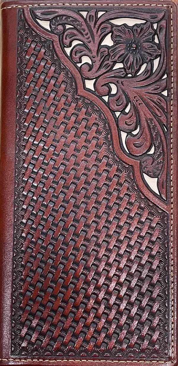 Top Notch Brown Basketweave/Floral Design Corne Inlay Tall Wallet