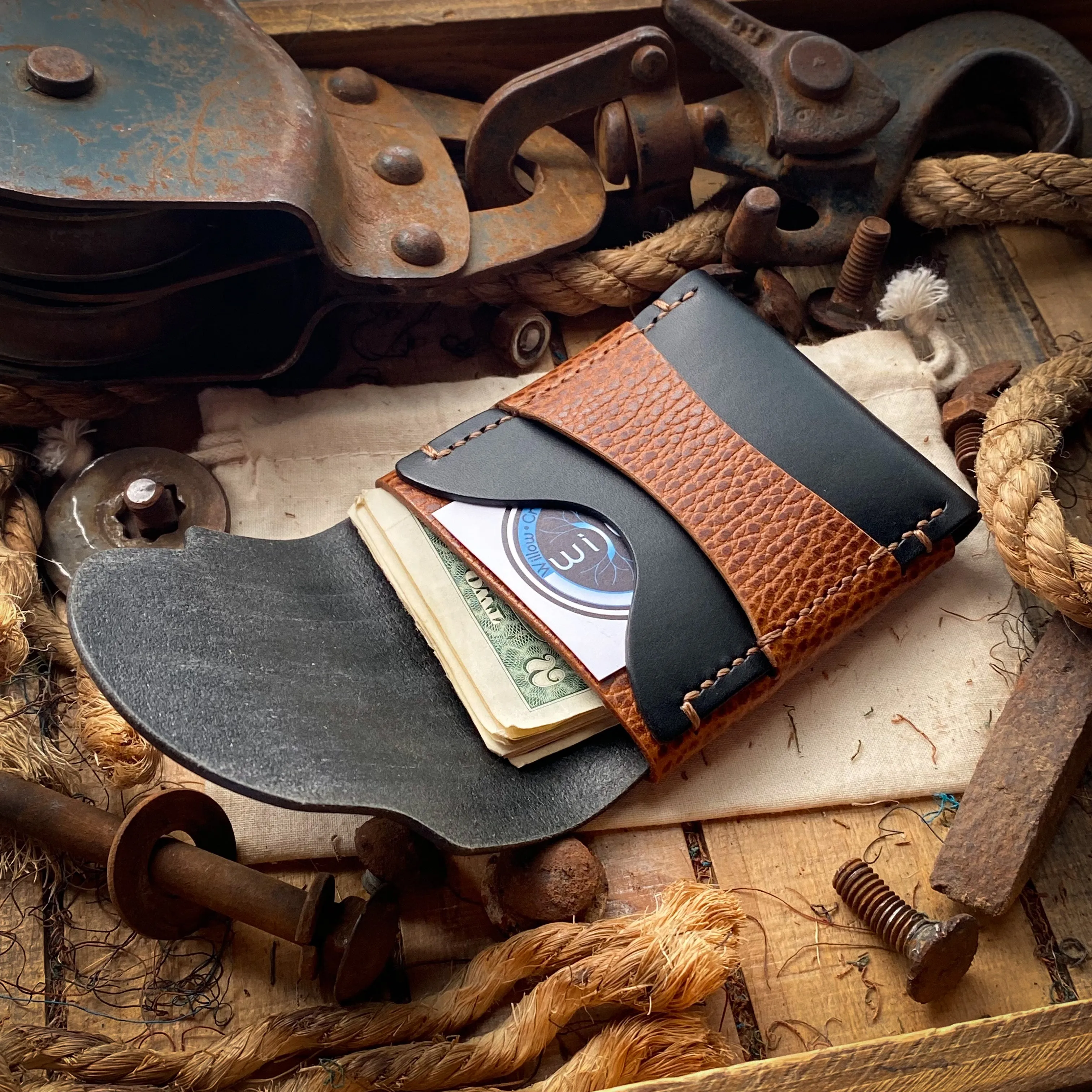 Wide Luxe Minimalist Wallet - Black and Whiskey Dollaro