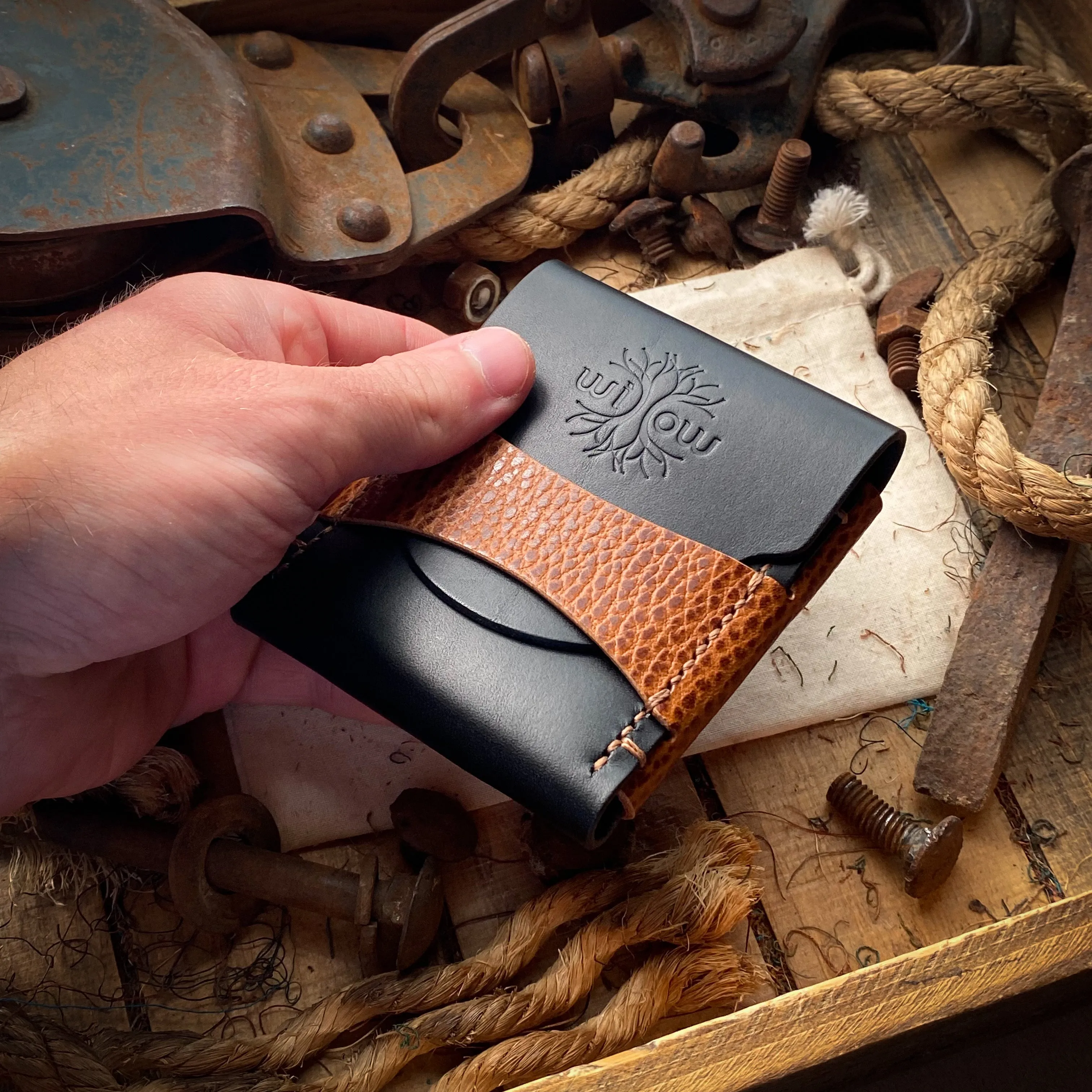 Wide Luxe Minimalist Wallet - Black and Whiskey Dollaro