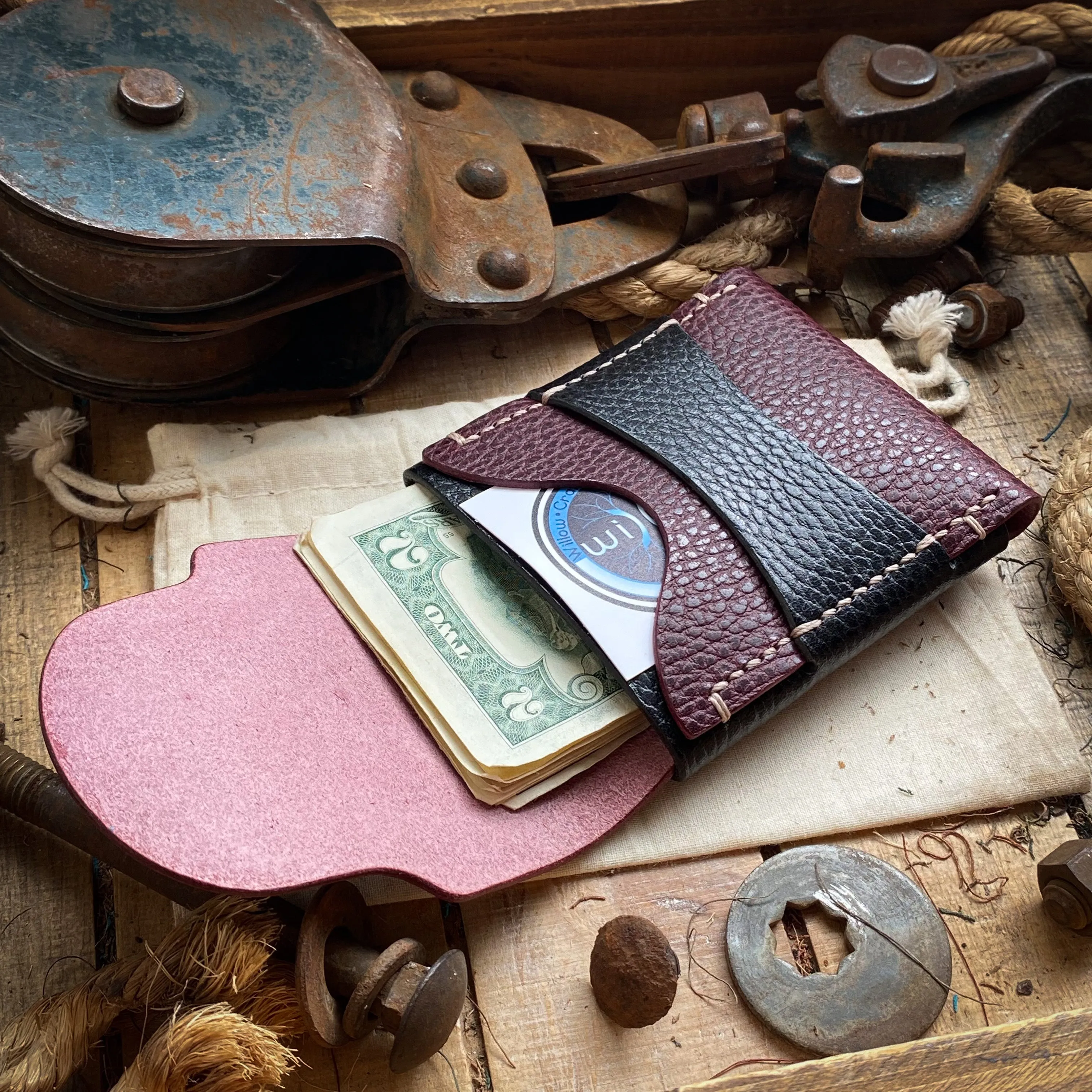 Wide Luxe Minimalist Wallet - Bordeaux Dollaro and Black Dollaro