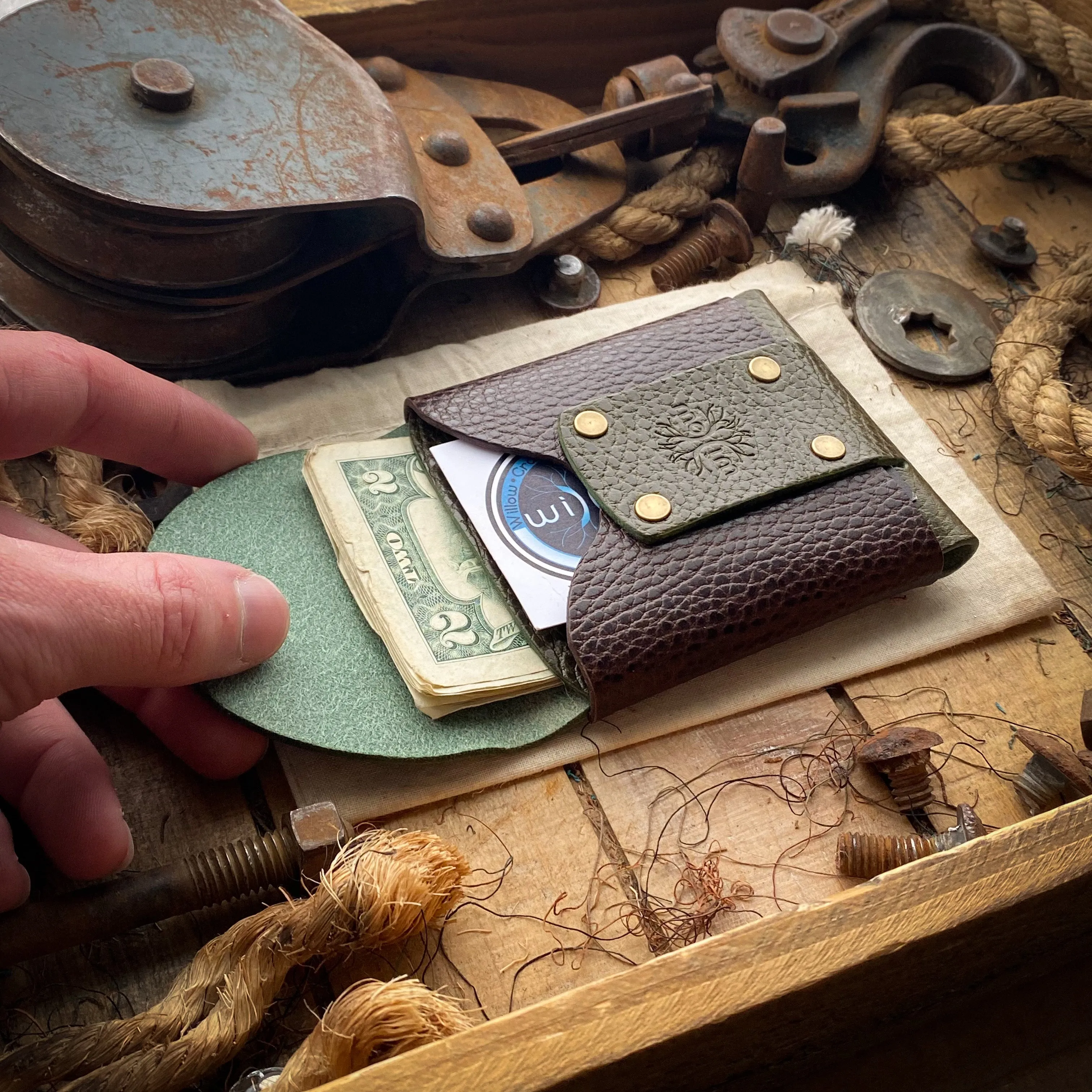 Wide Wask Minimalist Wallet - Olive Dollaro and Brown Dollaro